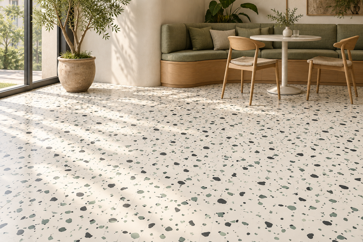 Fragment Sage KZ 1512 — ambientación ilustrativa con piso colocado, madera y tonos verdes